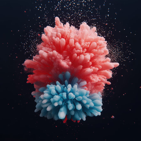 Vibrant explosion of coral and blue colors in dynamic abstract art.
