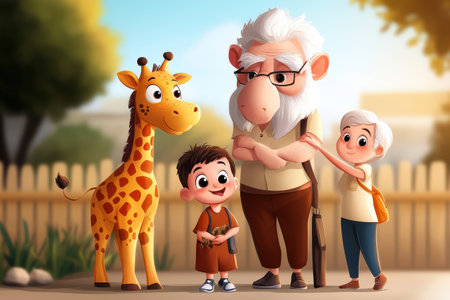 Cartoon family with elderly man, two children, and giraffe in sunny backyard.の写真素材
