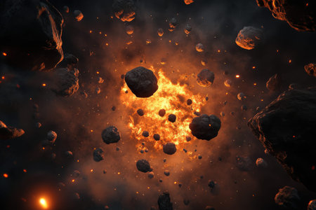 Asteroids in fiery cosmic explosion with glowing debris.