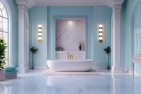 Luxurious spa-like bathroom with freestanding tub and elegant blue walls.の写真素材