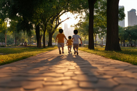 Three people running on sunny park pathwayの写真素材
