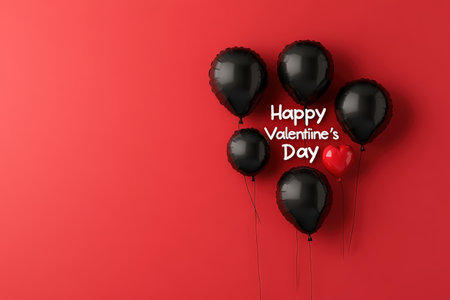 Black and red balloons with happy valentine's day message on a red background.の写真素材