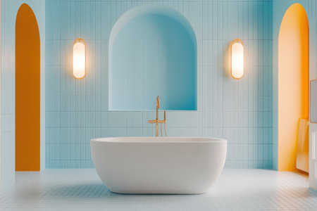 Modern minimalist bathroom with white tub and pastel blue walls.の写真素材