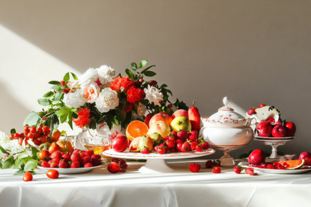 Elegant fruit and flower arrangement on sunlit table.の写真素材