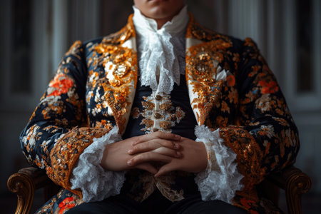Ornate historical attire with intricate embroidery and lace detailsの写真素材