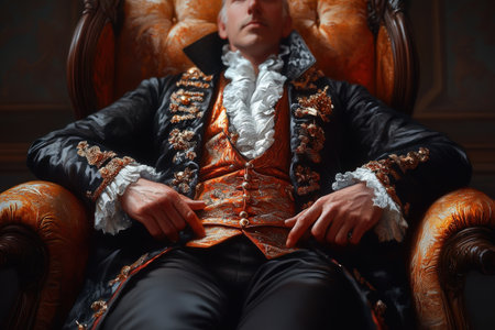 Person in historical attire reclining in ornate chair.の写真素材