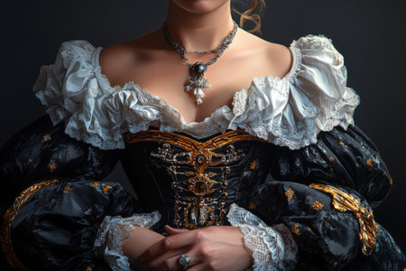 Elegant historical costume with intricate lace and jewelry.の写真素材