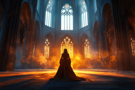 Silhouette in majestic cathedral at sunrise with dramatic lighting and architectureの写真素材