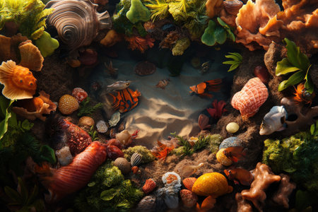 Vibrant underwater coral reef ecosystem with diverse marine life.の写真素材