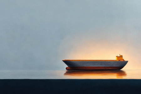 Solitary cargo ship illuminated on calm ocean at sunset.