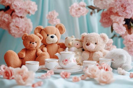 Cute teddy bear tea party with floral decor and porcelain set.の写真素材