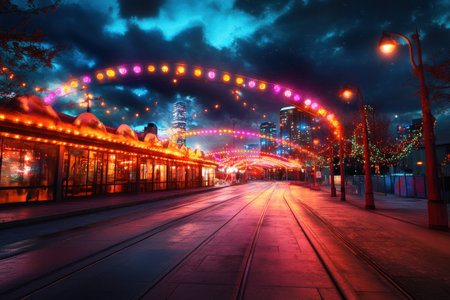 Vibrant cityscape at night with colorful lights and streetcar tracks.の写真素材