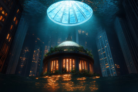 Futuristic underwater cityscape with illuminated dome and skyscrapers.の写真素材
