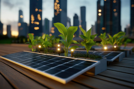 Urban garden with solar panels and vibrant green plants at dusk in a cityscape.