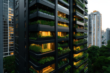 Modern urban high-rise with lush green balconies in a densely built cityscape.