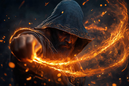 Mysterious hooded male mage conjuring fiery magic in dark fantasy setting.の写真素材