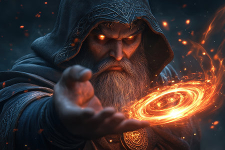 Mystical elderly male sorcerer conjuring fiery magic in dark hooded cloak.の写真素材