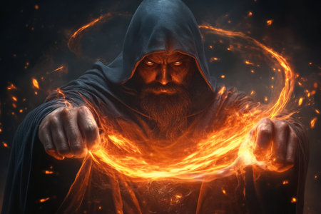 Hooded sorcerer conjures fiery magic with intense focus.の写真素材