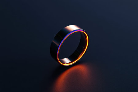 Sleek modern metallic ring with neon light edge on dark background.