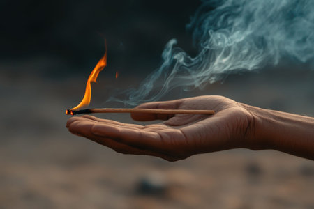 A hand holding burning incense stick with smoke outdoors
