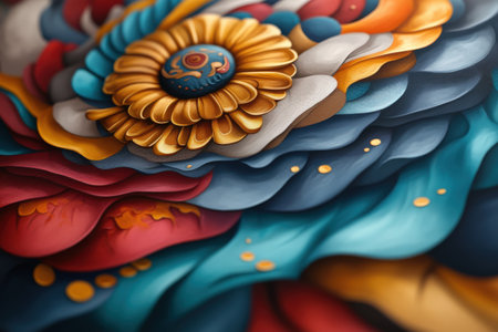 Colorful 3d layered abstract floral design with intricate details and vivid textures.の写真素材