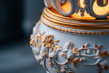 Elegant baroque-style porcelain vase with gold embellishments.の写真素材