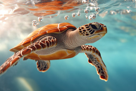 Sea turtle swimming underwater in vibrant ocean scene.の写真素材
