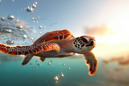 Sea turtle swimming gracefully underwater at sunset.の写真素材