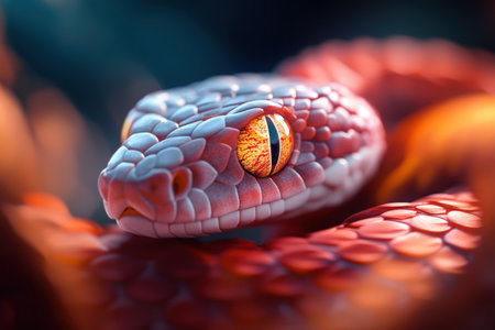 Vivid close-up of orange and white snake with striking eyes.の写真素材