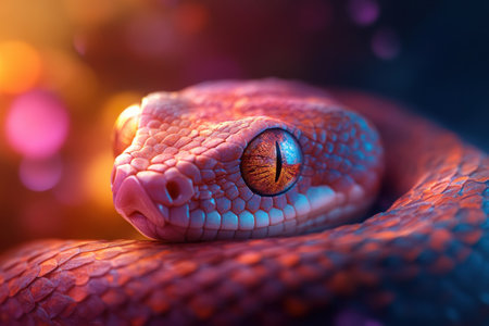 Vivid close-up of a colorful snake with striking eyes in bright lighting.の写真素材