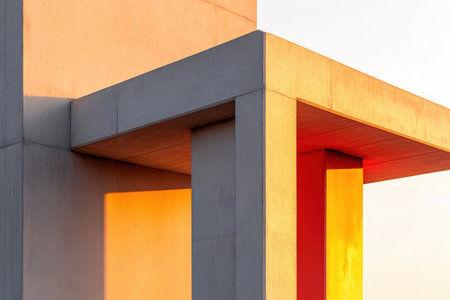 Modern architectural structure with geometric concrete design at sunset.の写真素材