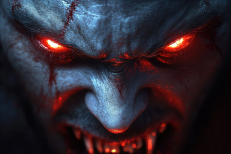 Close-up of male vampire face with glowing red eyes and sharp fangs.