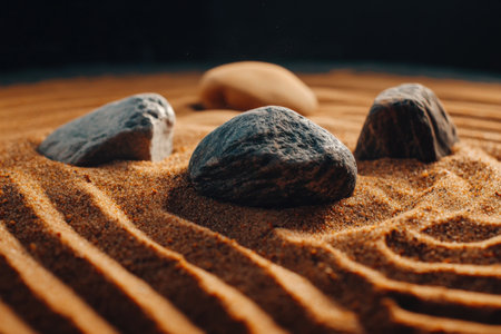 Serene zen garden with smooth stones and sand patterns.の写真素材