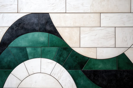 Geometric green and black abstract tile design pattern on wall.の写真素材