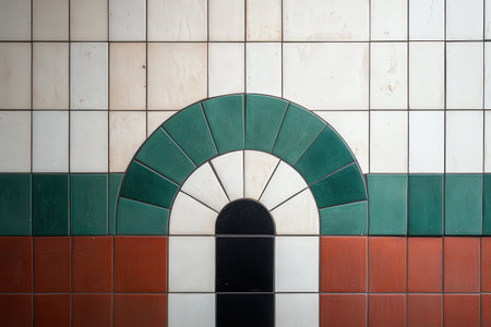 Colorful geometric mosaic on tiled wall.の写真素材