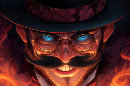 A mysterious figure with bright blue eyes behind ornate glasses, surrounded by flames and wearing a...