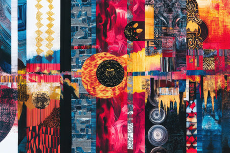Vibrant abstract collage of multicolored patterns and textures.