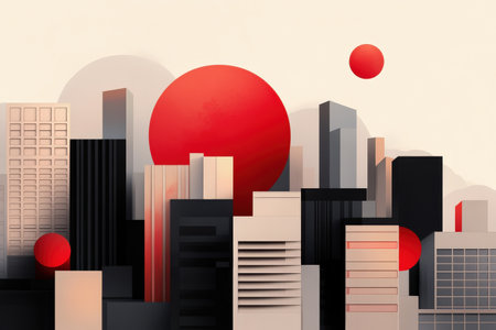 Abstract urban skyline with geometric red circles and modern architecture.の写真素材