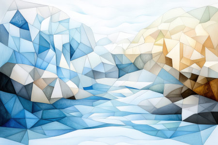 Abstract geometric landscape with blue and earth tones in mountainous scenery.