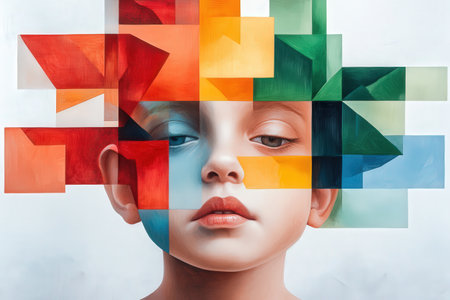 Abstract portrait with geometric patterns and vibrant colorsの写真素材