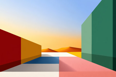 Colorful geometric landscape with desert and modern abstract structures.の写真素材