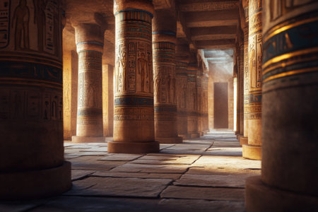 Ancient egyptian temple interior with sunlight streaming through columns.