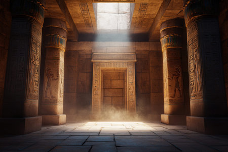 Sunlit ancient egyptian temple interior with hieroglyphic-decorated pillars.