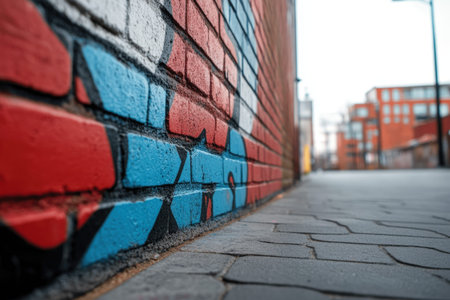 Urban street art on colorful brick wall in city alleyway.