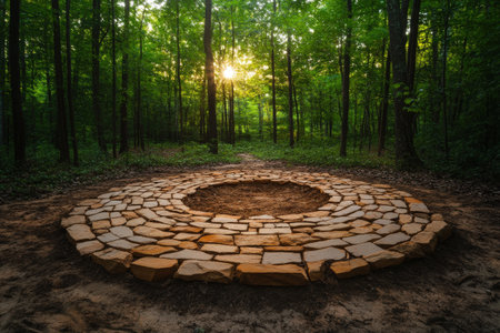 Circular stone structure in a sunlit forest clearing during sunrise.の写真素材