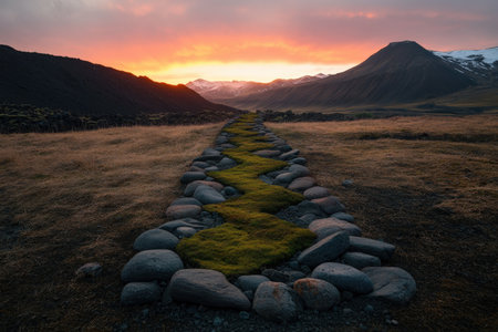 Serene mountain sunset pathway with lush green moss and rocky borders.の写真素材