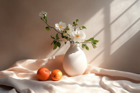 Sunlit harmony: white vase with blossoming flowers and ripe oranges on soft fabric.の写真素材