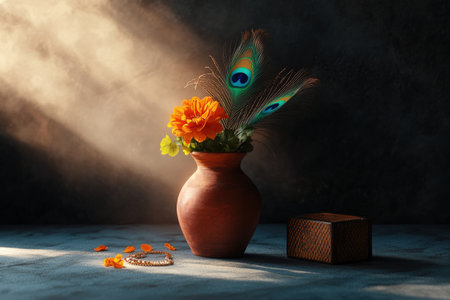 Terracotta vase with marigold flowers and peacock feathers in sunlit still life.の写真素材