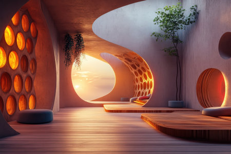 Modern curved architecture interior with sunset view and warm lighting.の写真素材