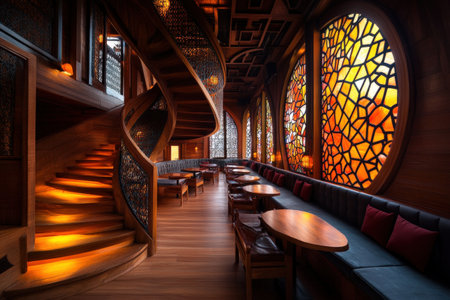 Elegant wooden spiral staircase in cozy restaurant with stained glass windows.の写真素材
